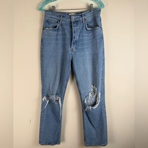 AGOLDE Riley High Rise Straight Crop Denim Button-Fly Distressed Jeans Size 28